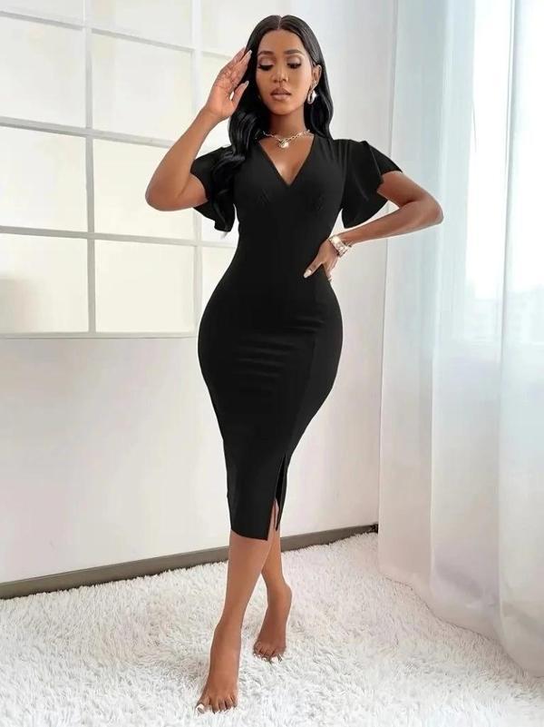 Kadın Kısa Kollu Derin Dekolte V Yakalı Yırtmaçlı Midi Janjan Krep Elbise - Image 1