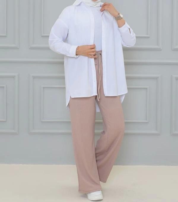 Krem renk Beli Lastikli Bürümcük Kumaş geniş paça Pantolon - Image 1