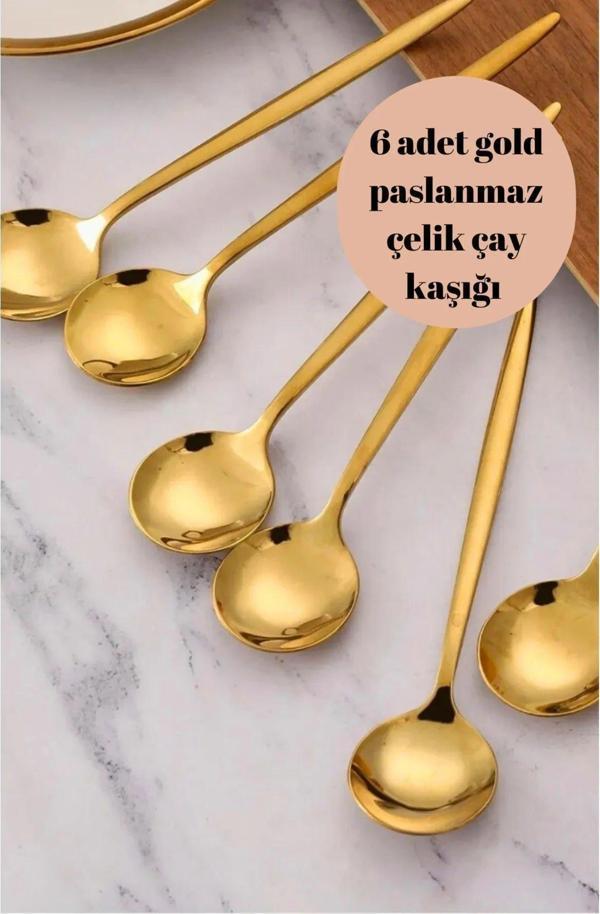 Büro Ev Ofis Mutfağı için 6ADET Çelik Golden Titanyum Kaplı Çay Kaşığı Seti - Image 1