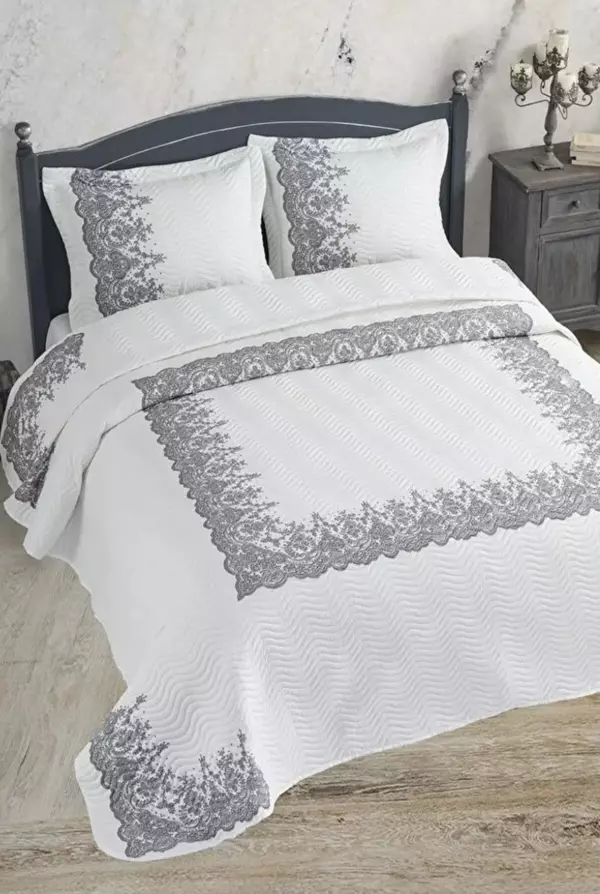 Örtüm Çift Kişilik Microfiber Kapitone Yatak Örtüsü Dantel Gri - Image 1