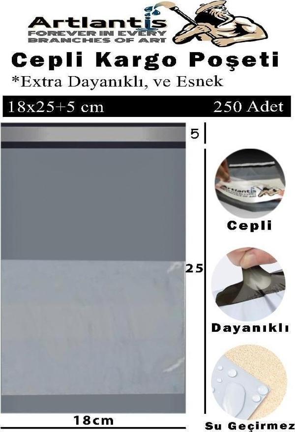 Plastik Kargo Poşeti Cepli 18x25+5 cm 250 Adet 1 Paket Ekonomik Cepli Kargo Poşeti Dayanıklı Gri Esnek - Image 1
