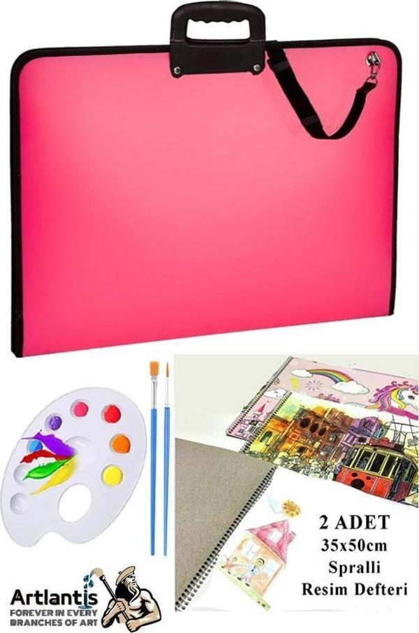 Resim Çantası 35x50 cm Resim Defteri Palet Fırça Seti 1 Paket Pembe Resim Proje Çantası Fermuarlı Kulplu 37x54 cm - Image 1