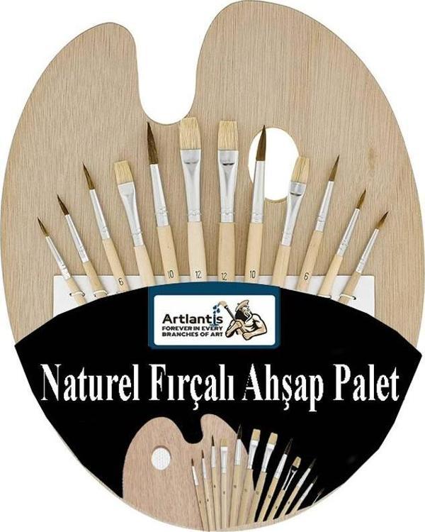 Ahşap Palet Oval Naturel 12 li Resim Fırçası Seti 1 Paket Yuvarlak ve Kesik Uçlu Boyama Fırçası Akrilik Yağlı Guaj Boya - Image 1