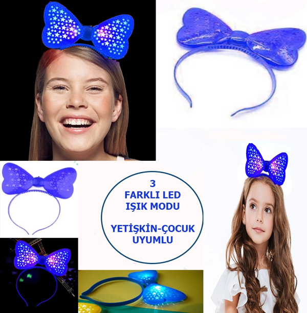 Led Işıklı  Pilli 3 Farklı Modda Yanan Yıldızlı Fiyonk Parti Tacı Mavi Renk 19x15 Cm - Image 1