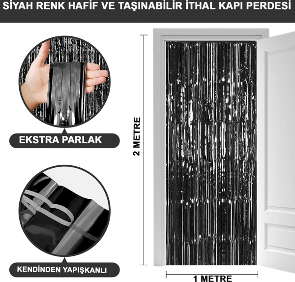 Siyah Renk Ekstra Metalize Parlak Saçaklı Arka Fon Perde İthal A Kalite 1x2 Metre - Image 1