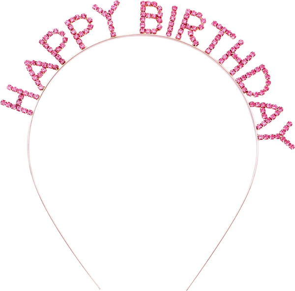 Pembe Renk Kristal Taşlı Gold Renk Kaplama Happy Birthday Taç 16x17 Cm - Image 1