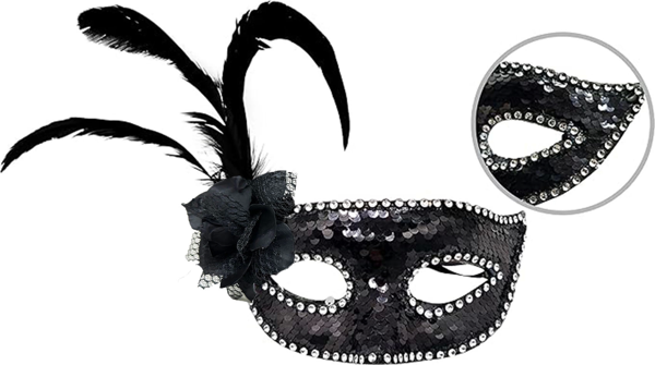 Siyah Renk Yandan Tüylü Güllü Gümüş Taşlı Pullu Maske 20x22 Cm - Image 1