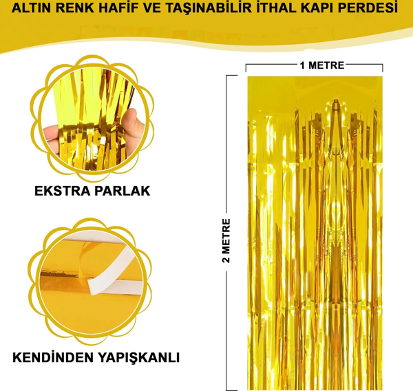 Altın Gold Renk Ekstra Metalize Parlak Saçaklı Arka Fon Perde İthal A Kalite 1x2 Metre - Image 1