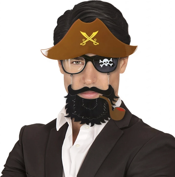 Kahve Renk Şapkalı Siyah Sakallı Pipolu Jack Sparrow Denizci Korsan Gözlüğü 24x25 Cm - Image 1