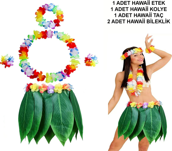Yetişkin Hawaii Kostüm Seti - Yaprak Etek  Hawaii Set - 5 Parça - Image 1