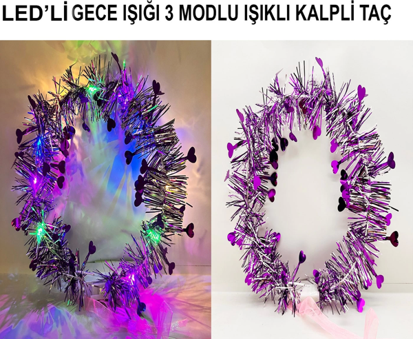 Kalp Püsküllü Gece Parıltısı 3 Modlu Led39li Işıklı Taç Mor Renk - Image 1