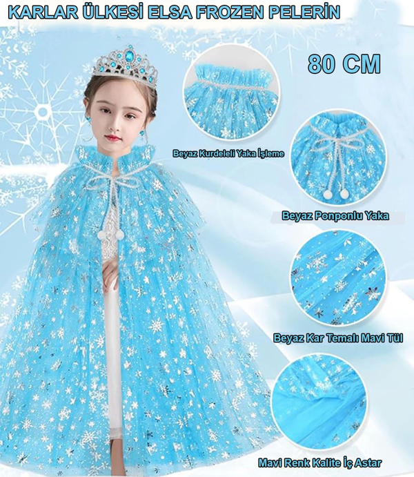 Karlar Ülkesi Elsa Frozen Mavi Pelerin – 80 Cm Kar Desenli Çocuk Pelerini ( Taç Hariç ) - Image 1
