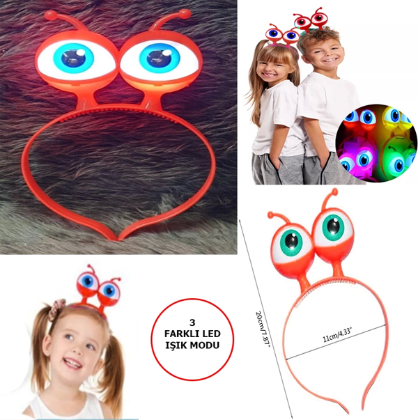 Led Işıklı  Pilli 3 Farklı Modda Yanan Uzaylı Göz Parti Tacı Kırmızı Renk 18x12 Cm - Image 1