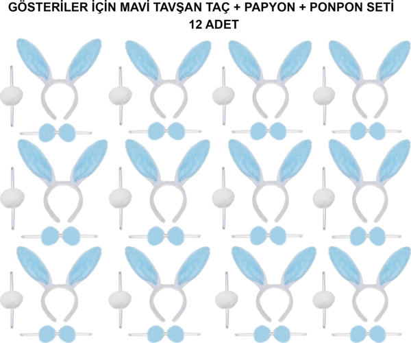Mavi Tavşan Kostüm Seti – Taç, Papyon, Ponpon (12’li Paket) - Image 1
