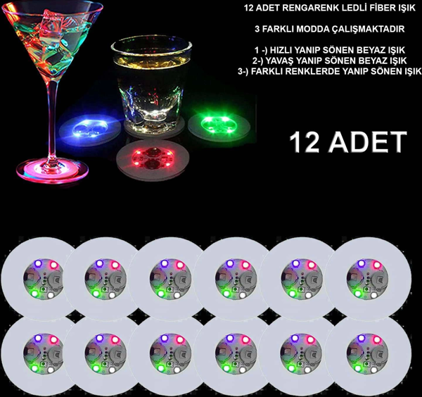 Renkli Led Işıklı Bardak Altlığı - Dekoratif (12 Adet, Pilli) - Image 1