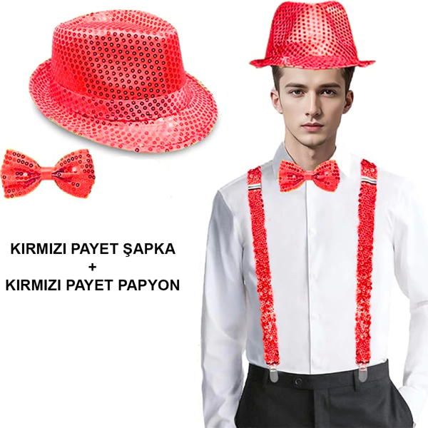 Kırmızı Payetli Şapka Ve Papyon Seti – Parıltılı Yetişkin Kostüm Seti - Image 1