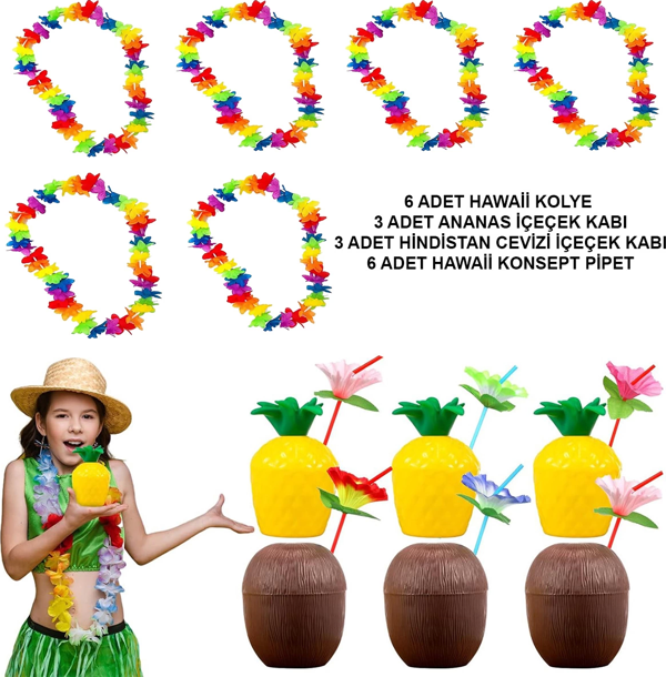 Tropikal Hawaii Parti Malzemeleri – Kolye, Pipet, Bardak Seti - Image 1