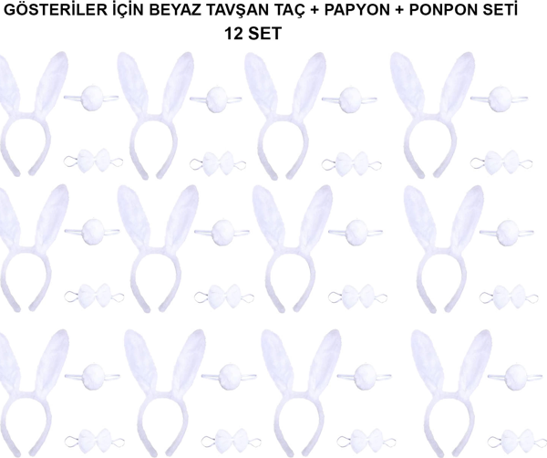 Beyaz Tavşan Kostüm Seti – Taç, Papyon, Kuyruk (12’li Paket) - Image 1
