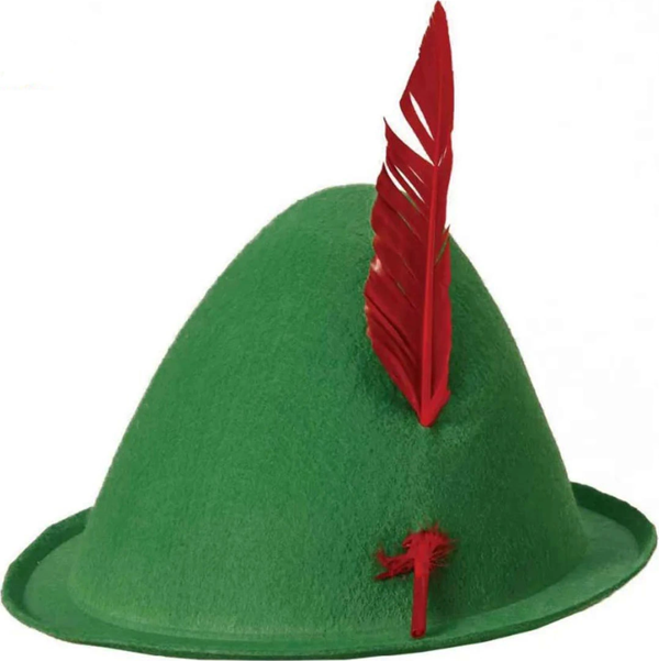 Yeşil Renk Kırmızı Tüylü Peter Pan Şapkası Robin Hood Şapkası 24x23 Cm - Image 1