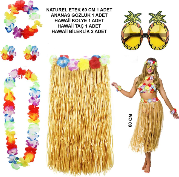 Hawaii Parti Kostüm Seti - 60 Cm Hasır Etek, Çiçekli Aksesuarlar Ve Ananas Gözlük - Image 1