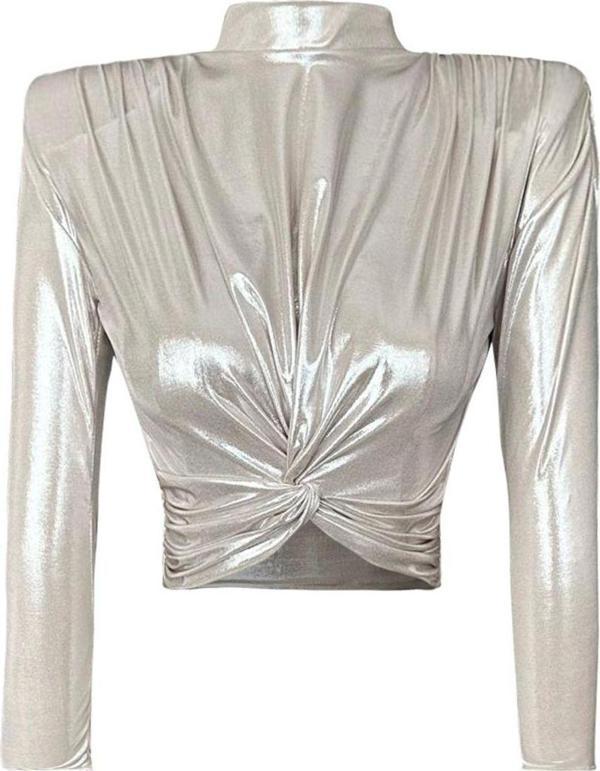 Gira Official Metalik Krem Vatkalı Uzun Kollu Düğümlü Kısa Bluz - Image 1