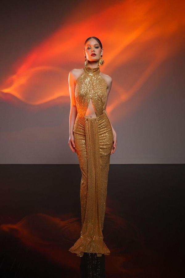 Gira Official Gold Payetli Kuşak Detaylı Uzun Elbise - Image 1