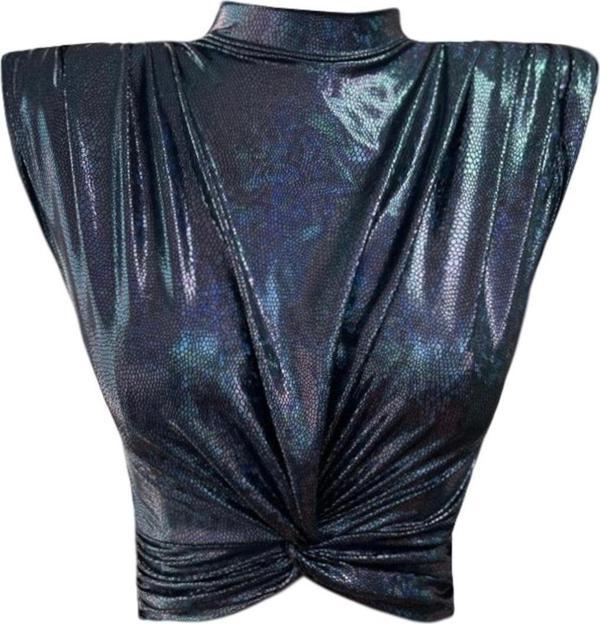 Gira Official Vatkalı Düğümlü Crop Top Hologram Lacivert - Image 1