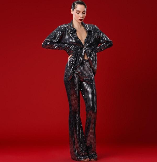 Gira Official Gümüş Pullu Pantolon Gömlek Takım - Image 1