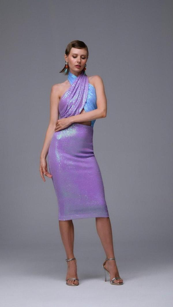 Gira Official Lila Mavi Payetli Çapraz Detaylı Midi Elbise - Image 1