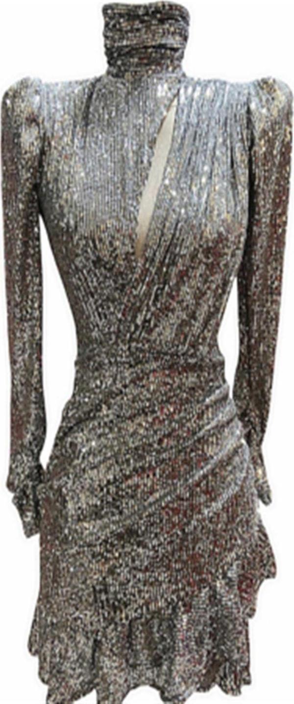 Gira Official Gri/Bej Payetli Fırfırlı Elbise - Image 1