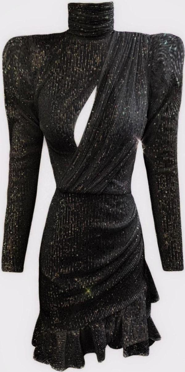 Gira Official Siyah Payetli Fırfırlı Elbise - Image 1