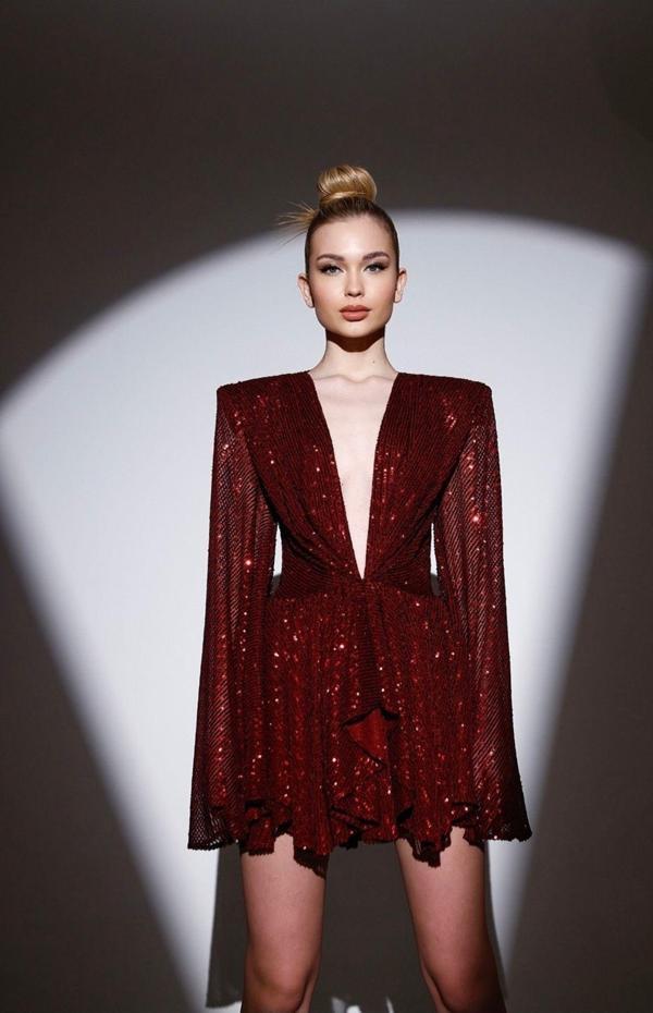 Gira Official Bordo Payetli Geniş Kol Detaylı Elbise - Image 1