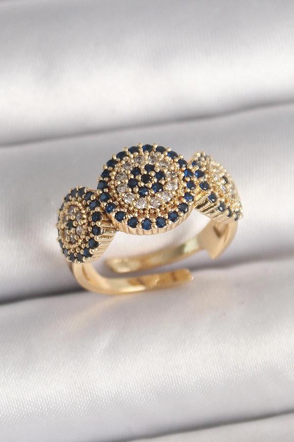 Pirinç Gold Renk Zirkon Taşlı Nazar Boncuk Model Ayarlanabilir Model Kadın Yüzük - EBJ250412W32521 - Image 1