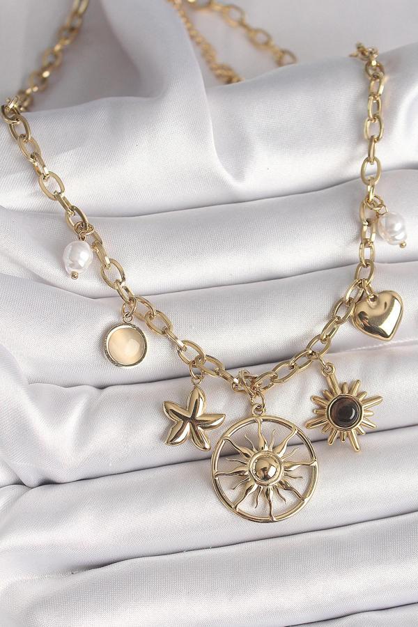 Gold Renk Güneş Model Siyah Mineli Güneş Detay Kadın Kolye - EBJ250412W32537 - Image 1
