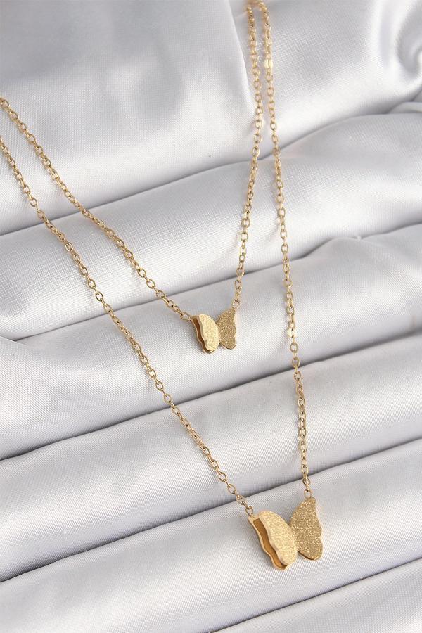 Gold Renk 2'Li Simli Kelebek Model Kadın Kolye - EBJ250412W32655 - Image 1