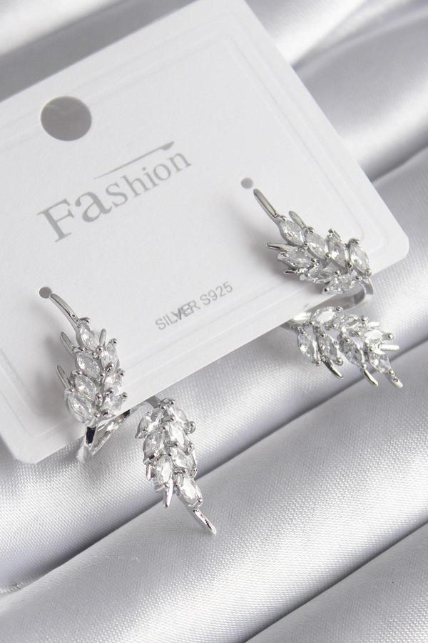 Gümüş Renk Zirkon Taşlı Yaprak Model Kadın Küpe - EBJ241206W29727 - Image 1