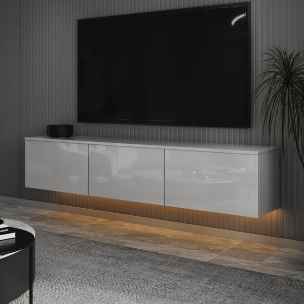 T0020 Alston 3 Kapaklı Duvara Monte Tv Ünitesi – LED Işıklı, Modern Tasarım, 160 cm - Image 1