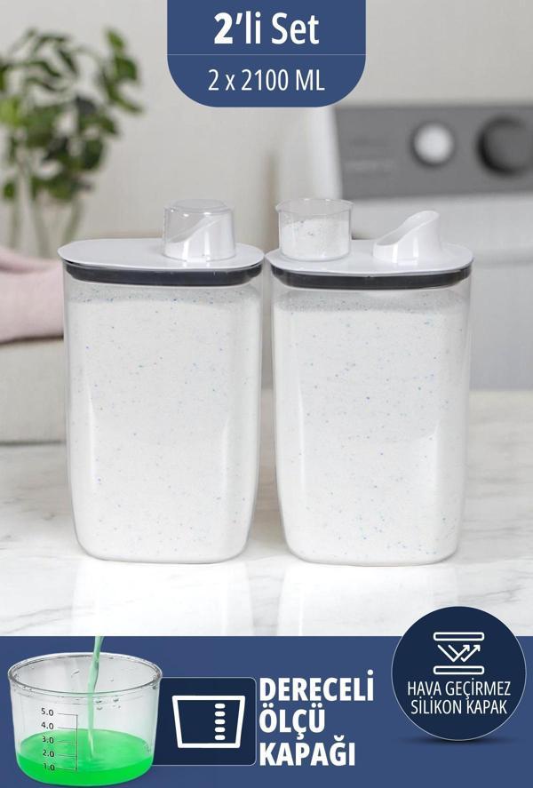 İronika Silikon Kapaklı Ölçekli Toz Sıvı Tablet Deterjan Saklama Kabı Kutusu 2100 Ml 2 Adet - Image 1