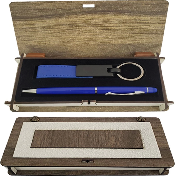 Ahşap Kutulu Mavi Kalem Anahtarlık Set - Image 1
