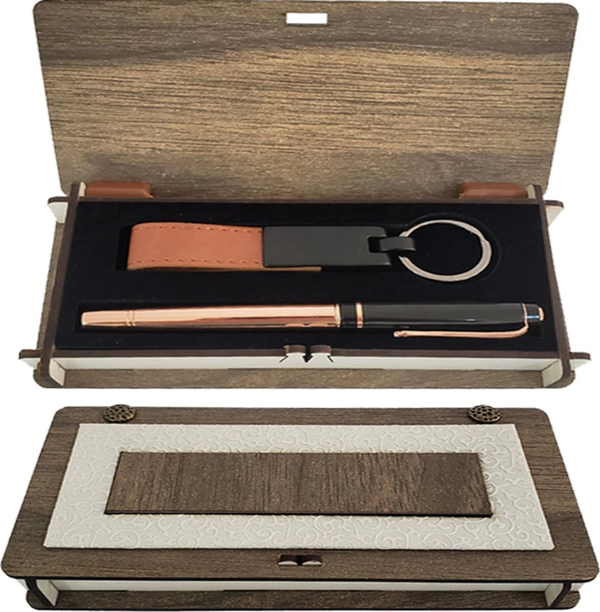 Ahşap Kutulu Bakır Kalem Anahtarlık Set - Image 1