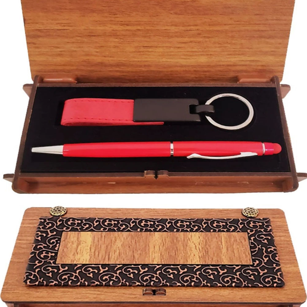 Ahşap Kutulu Kırmızı Kalem Ve Anahtarlık Set - Image 1