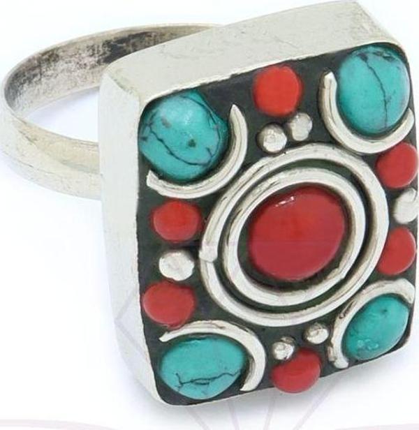 Turkuaz  ve Mercan Taşlı Gümüş Renk El Yapımı Otantik Nepal Yüzük - Image 1