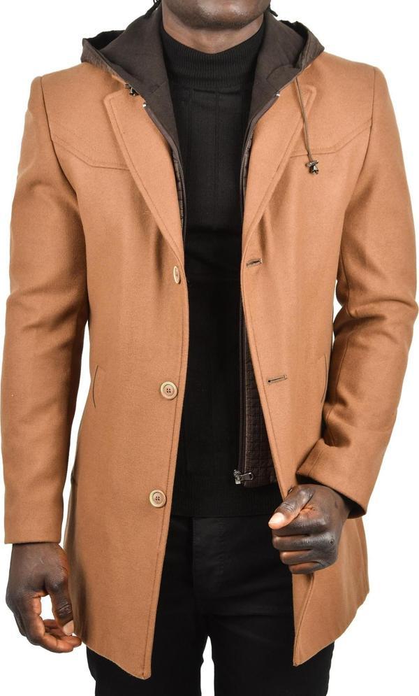 DeepSEA Erkek Kahve Çıkarılabilir Kapüşonlu Dar Kesim Uzun Kaşe Kaban 2407010 - Image 1