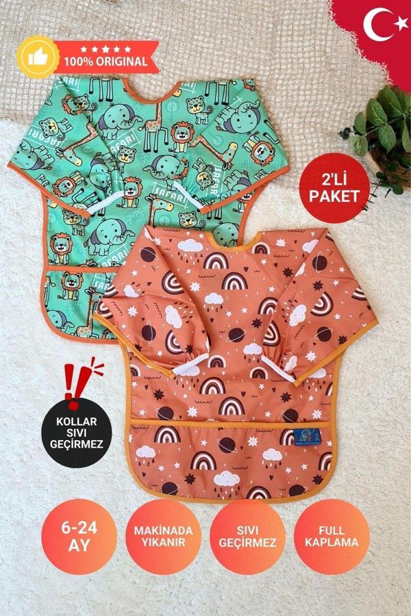 Anp Moda Tasarım Safari Ve Rainbow Desenli 2'Li Paket Sıvı Geçirmez Unisex Çocuk Aktivite Ve Mama Önlüğü 6-24 Ay - Image 1