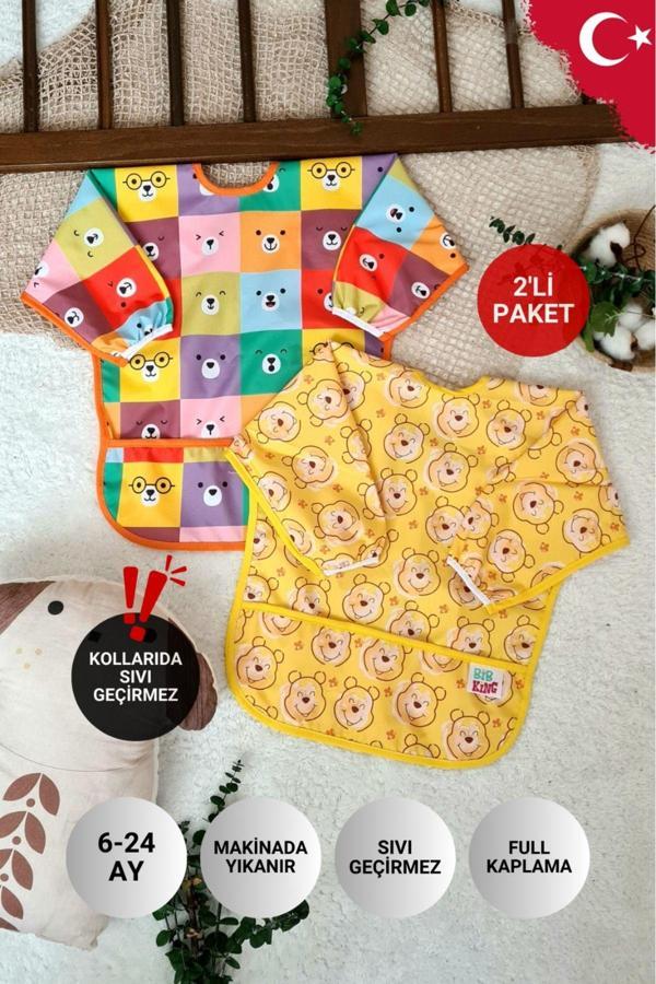 Anp Moda Tasarım Bear Ve Kare Ayilar Desenli 2'Li Paket Sıvı Geçirmez Unisex Aktivite Ve Mama Önlüğü 6-24 Ay - Image 1