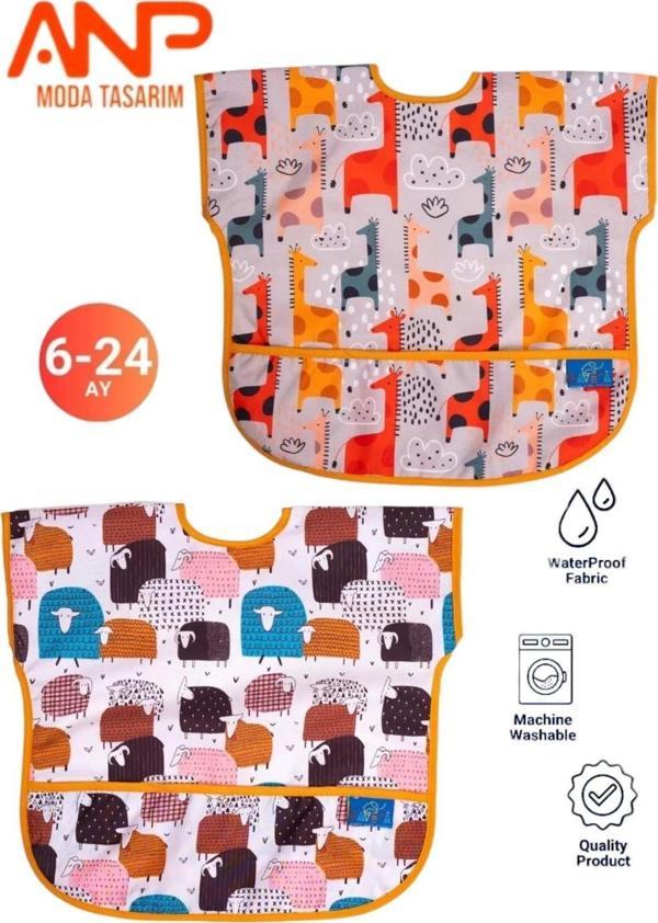 Anp Moda Tasarım Sıvı Geçirmez 2’Li Set Kolsuz Aktivite Mama Önlüğü (Graffe-Lamb) 6-24 Ay - Image 1