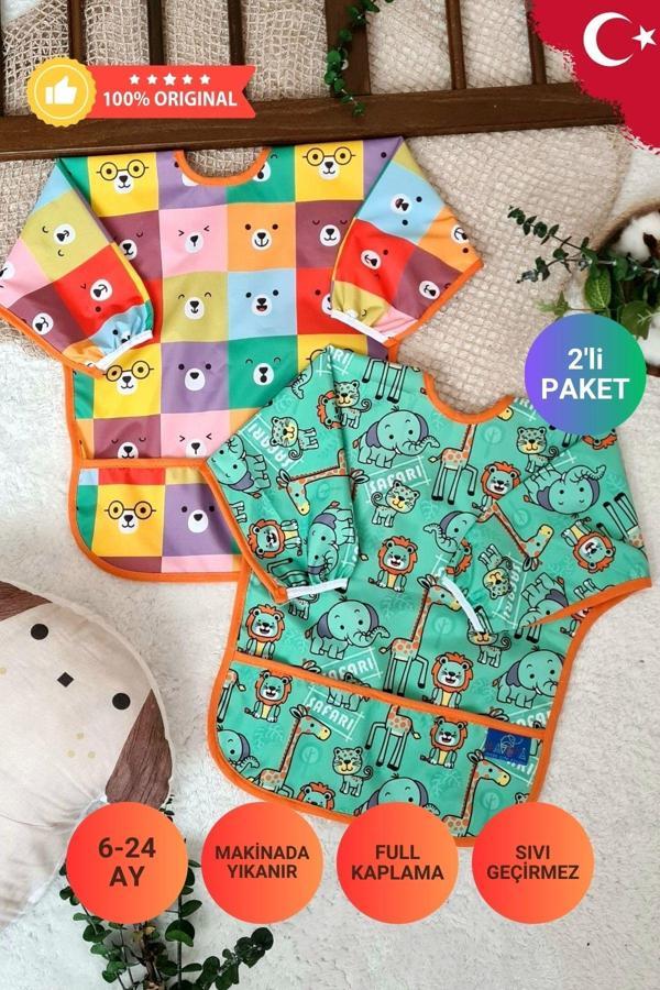 Anp Moda Tasarım Safari Ve Kare Ayılar Desenli 2'Li Paket Sıvı Geçirmez Unisex Aktivite Ve Mama Önlüğü 6-24 Ay - Image 1