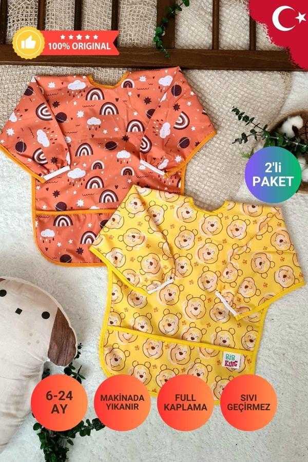 Anp Moda Tasarım Bear Ve Rainbow Desenli 2'Li Paket Sıvı Geçirmez Unisex Aktivite Ve Mama Önlüğü 6-24 Ay - Image 1