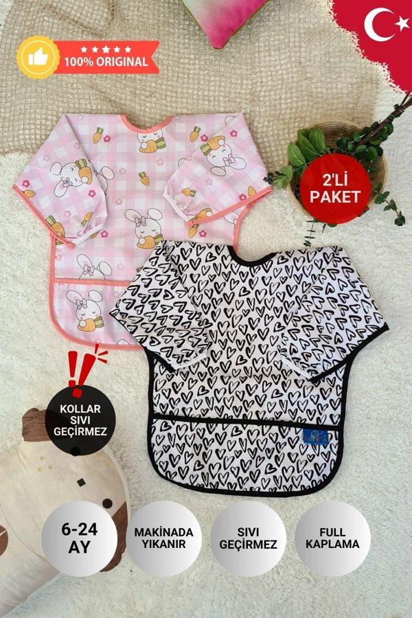 Anp Moda Tasarım Carrot Ve Heart Desenli 2'Li Paket Sıvı Geçirmez Kız Çocuk Aktivite Ve Mama Önlüğü 6-24 Ay - Image 1