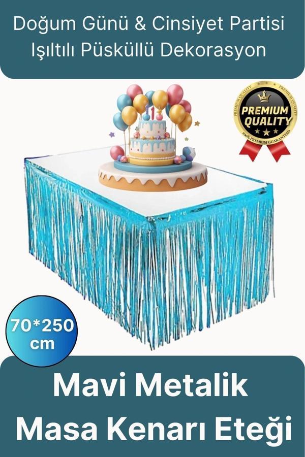 Premium Dekorasyon Püsküllü Işıltılı Doğum Günü Cinsiyet Partisi Mavi Masa Kenarı Eteği 70*250cm - Image 1